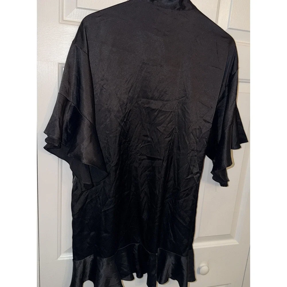 Victoria's Secret Women's Black Satin Kimono Robe Belted Tie Ruffle Hem XS/S